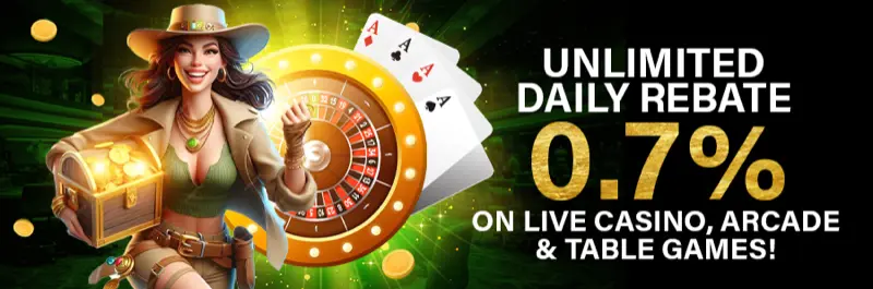 E2Bet Hong Kong unlimited daily rebate — 0.7% back on live casino, arcade and table games