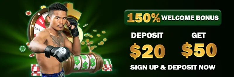 E2Bet Cambodia 150% welcome bonus — deposit 20 USD and play with 50 USD on casino and sports