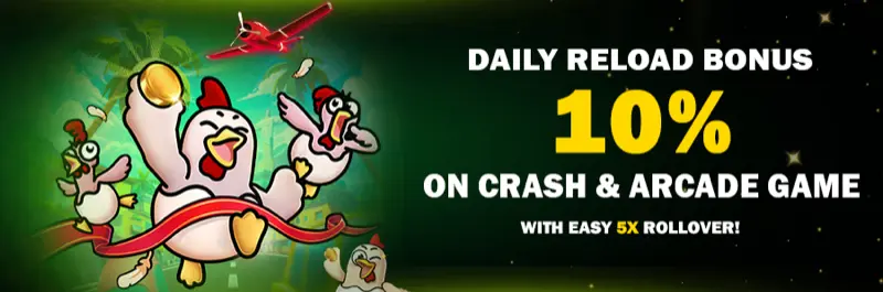 E2Bet Cambodia daily reload bonus — 10% extra on crash and arcade games every day